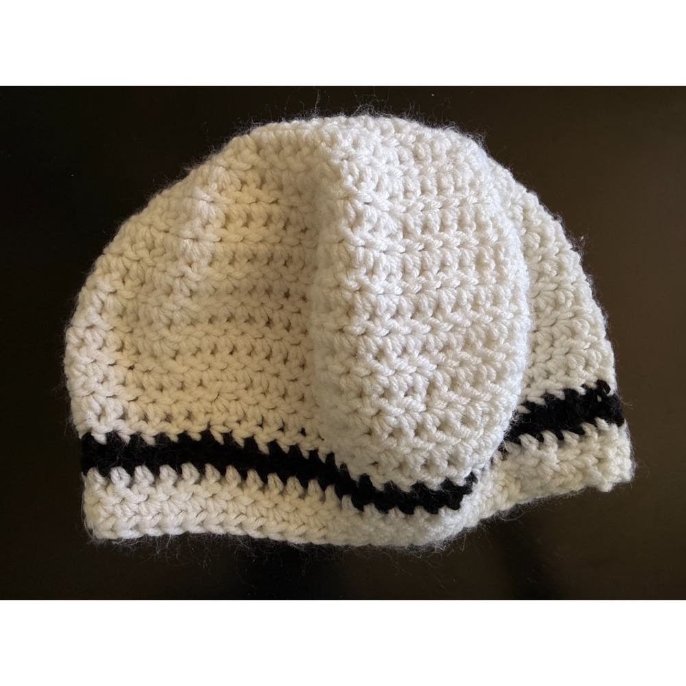 Handmade Crochet Cream with Black Stripe Winter Beanie Hat Cozycore